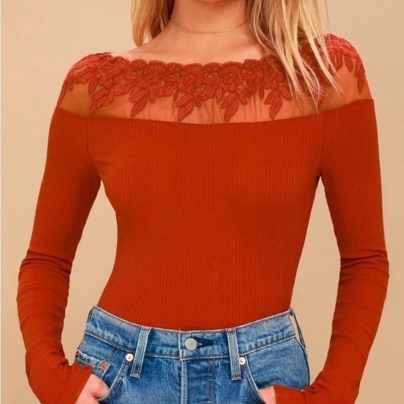 Free People Red Ribbed Lace Off Shoulder Long Sleeve Top Size L - Picture 3 of 12